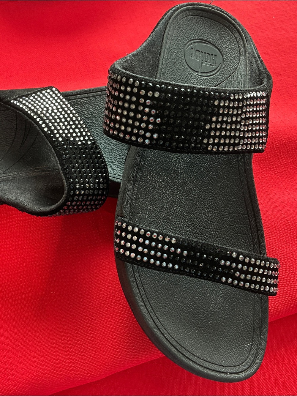 Authentic Wedge Sip On Fitflop Black + Rhinestone Bling Size 9 Micro Wobbleboard